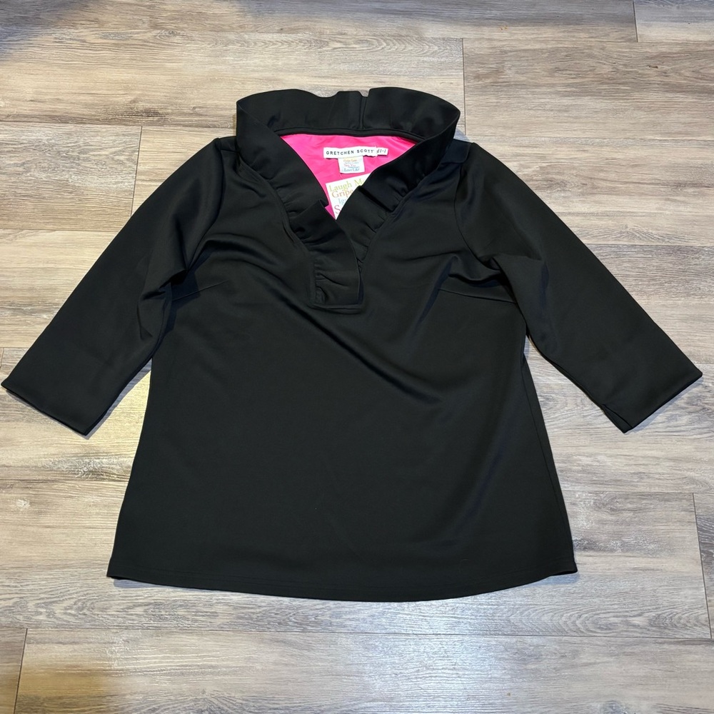 NWT Gretchen Scott black Jersey Ruffle neck 3/4 length sleeve top size xl - Picture 2 of 5